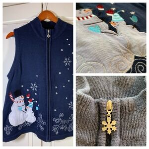 Ugly Christmas Sweater Vest‎ Womens Large Snowman Knit Zips Winter Holiday
